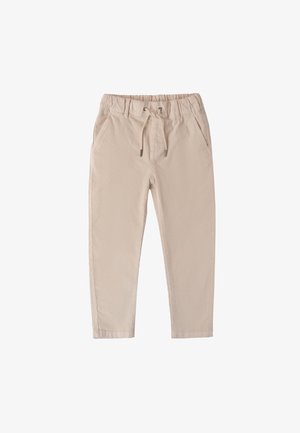Beige Hosen mit elastischem Bund, Kordelzug und seitlichen Taschen. Strukturierter Stoff, schmaler Schnitt mit gesteppten Akzenten.