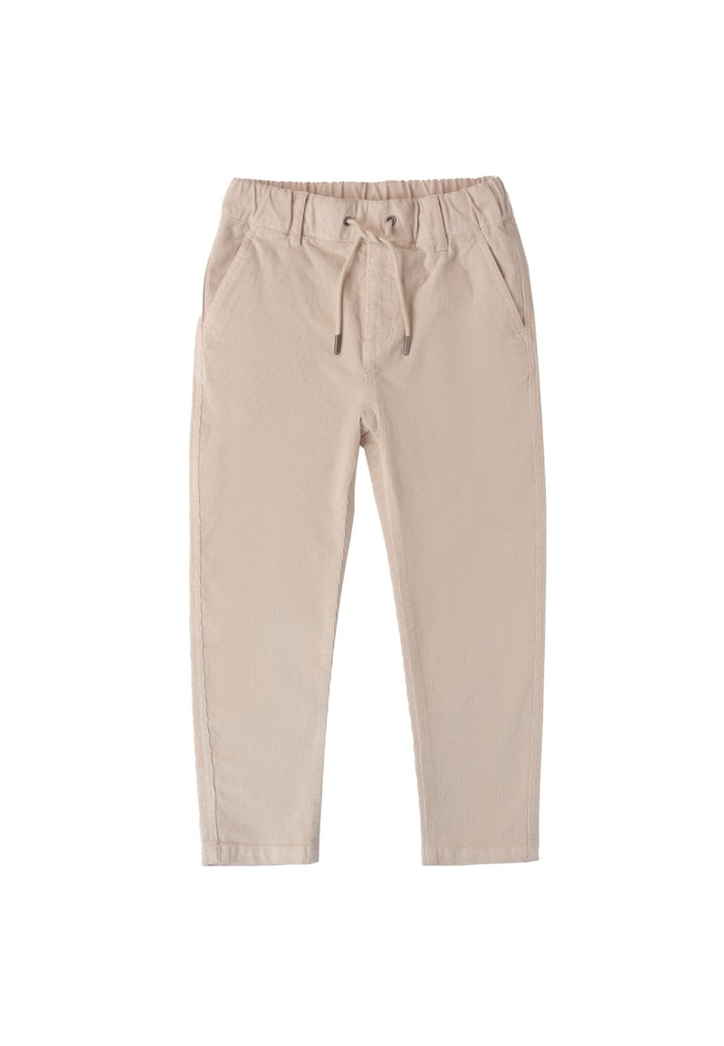 Beige broek met een elastiche tailleband, trekkoorden en zijzakken. Gelaagd geweven stof, taps toelopende pasvorm met gestikte accenten.