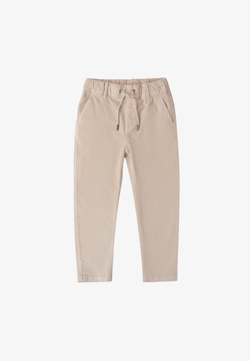 Beige broek met een elastiche tailleband, trekkoorden en zijzakken. Gelaagd geweven stof, taps toelopende pasvorm met gestikte accenten.