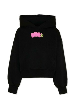 Czarna krótka bluza z kapturem z różowym logo "Palm" i małą żółtą buźką na piersi, z długimi rękawami i przednią kieszenią.