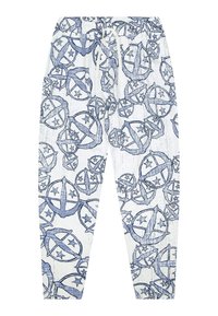 Weiße Hose mit einem blauen Grafikmuster, das kreisförmige Designs und Sterne zeigt. Gefertigt aus leichtem Stoff mit einem elastischen Bund.