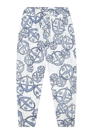 Bílé kalhoty s modrým grafickým vzorem, které obsahují kruhové motivy a hvězdy. Vyrobeny z lehké tkaniny s elastickým pasem.