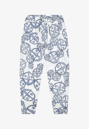 Bílé kalhoty s modrým grafickým vzorem, které obsahují kruhové motivy a hvězdy. Vyrobeny z lehké tkaniny s elastickým pasem.