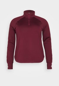 Pullover atletico color marrone con colletto alto e design con mezza zip. Caratterizzato da maniche lunghe e una texture di tessuto liscia e elasticizzata.