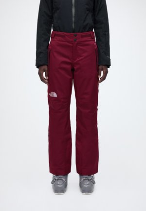 Un mannequin porte un pantalon de neige bordeaux North Face, une veste noire et des chaussures de ski grises sur un fond uni.