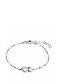 Bracciale in argento con catena caratterizzato da anelli intrecciati, uno dei quali presenta un motivo testurizzato, completato da un moschettone e un piccolo tag con il logo.