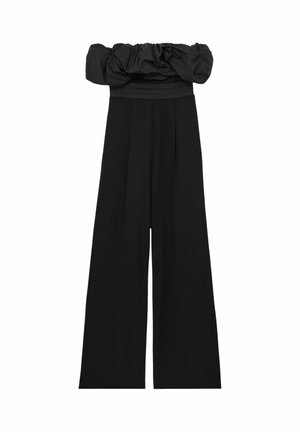 Must have õlavabalt kätisedega must jumpsuit, millel on volditud kaelus, laiad sääred, volditud eesosa ja sile kangas.