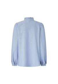 Lichtblauwe blouse met knopen, lange mouwen, een geraffineerde halslijn en elastische manchetten. Gemaakt van zachte, lichtgewicht stof.