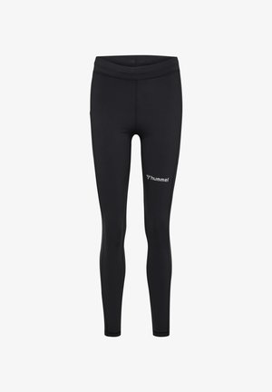 Black athletic leggings made of stretch fabric, featuring a wide waistband and a small white logo on the left leg. Smooth texture, form-fitting design.