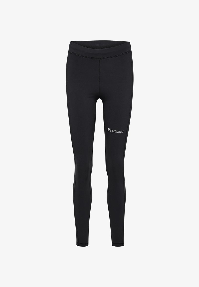 Schwarze Sportleggings aus dehnbarem Material, mit einem breiten Bund und einem kleinen weißen Logo am linken Bein. Glatte Textur, körpernaher Schnitt.