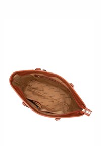 Brown leather handbag with a zip closure, featuring a beige interior lined with repeating "WITTCHEN" logo. Includes side pockets for organization.