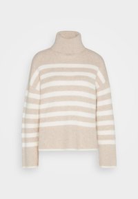 Pull à col roulé en maille rayé beige et blanc à rayures horizontales, manches longues et texture côtelée.