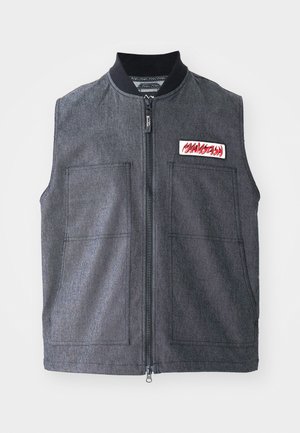 Dark gray vest featuring a zip front, two large front pockets, a ribbed collar, and a decorative patch with a red design.