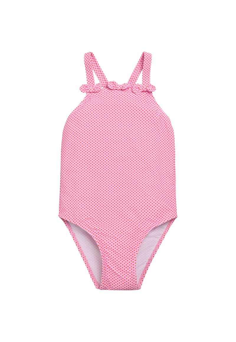 Traje de baño de una sola pieza rosa con puntos, que presenta tirantes con volantes y un diseño de pierna alta. Tejido suave y forro interior sin costuras.