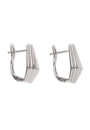 Para srebrnych geometrycznych kolczyków kołowych z zawiasowymi zapięciami i polerowanym, fasetowanym wzorem.