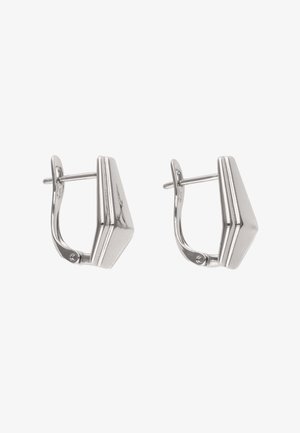 Ezüst geometriai formájú karika fülbevaló pár, zsanéros kapcsokkal és polírozott, csiszolt kialakítással.