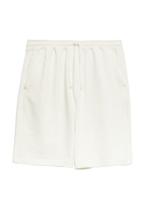 Białe bawełniane szorty z elastycznym pasem, sznurkiem, bocznymi kieszeniami i luźnym krojem.