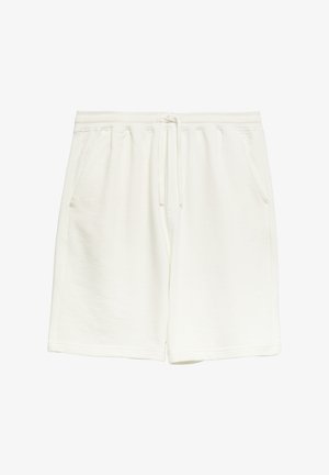 Białe bawełniane szorty z elastycznym pasem, sznurkiem, bocznymi kieszeniami i luźnym krojem.