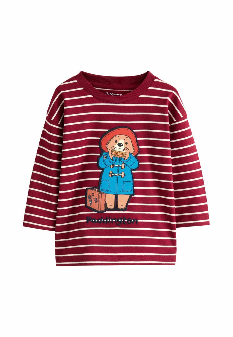 Langarmhemd mit roten Streifen, das eine Illustration von Paddington Bär zeigt, wie er ein Sandwich hält, mit blauen Akzenten und Stickerei.