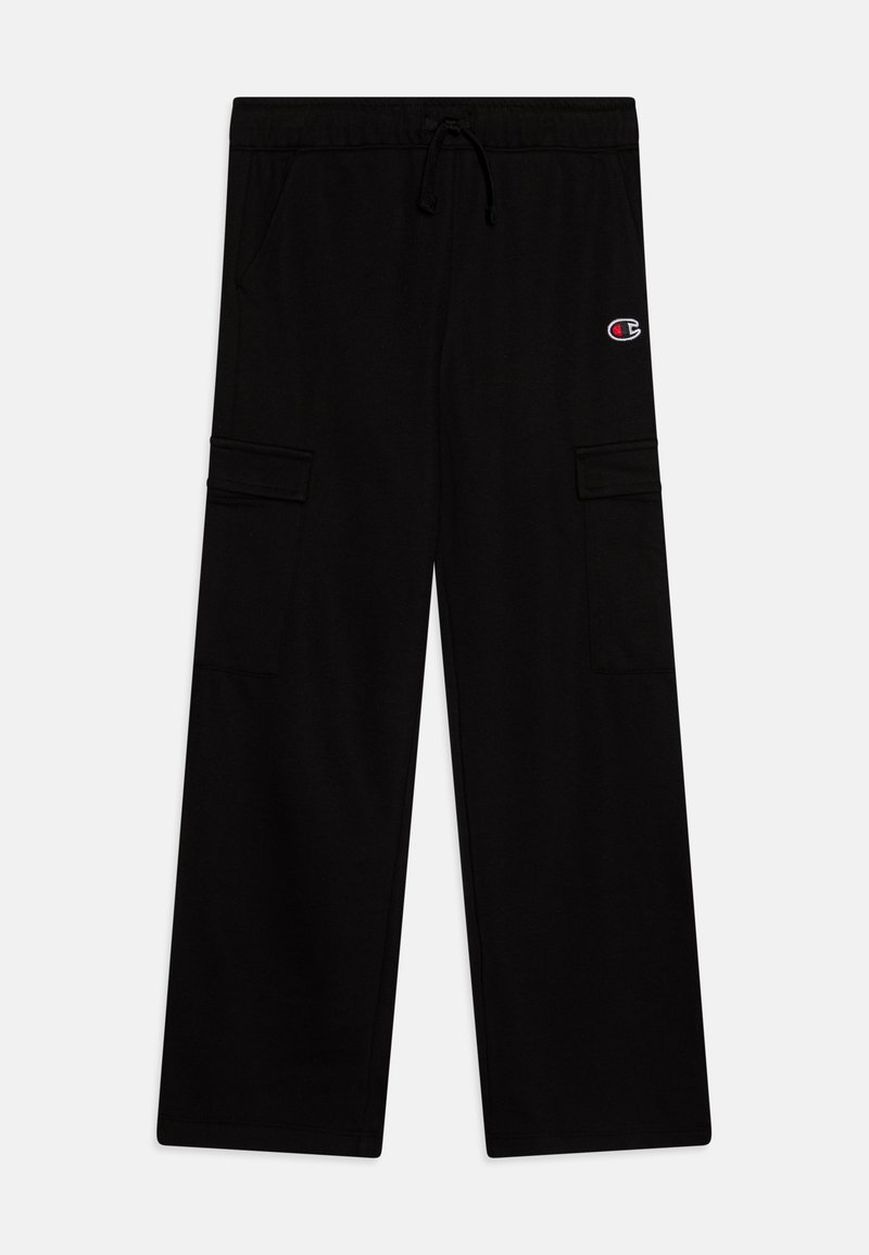 Pantalon cargo noir à jambes larges avec poches latérales, taille à cordon et petit logo brodé sur la cuisse gauche.