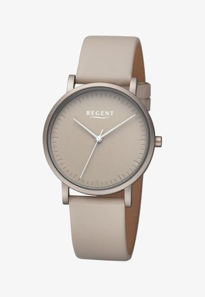 Montre ronde avec un cadran beige mat, des aiguilles en argent et un bracelet en cuir beige doux. Caractéristiques des marqueurs d'heure minimalistes et un boîtier en métal élégant.