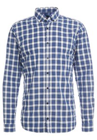 Camicia a maniche lunghe blu e bianca a scacchi con colletto button-down, caratterizzata da bottoni scuri e una trama di tessuto liscia.