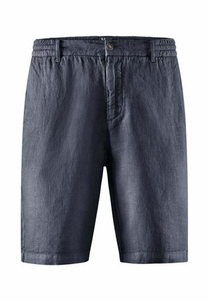 Granatowe męskie spodenki o średniej długości z zapięciem na guziki, elastycznym pasem, szlufkami na pasek i bocznymi kieszeniami.