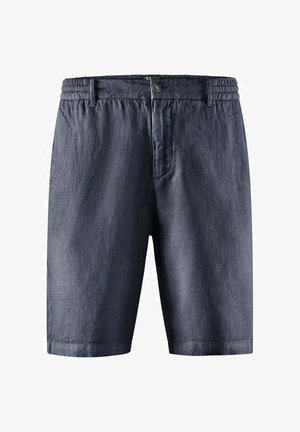 Granatowe męskie spodenki o średniej długości z zapięciem na guziki, elastycznym pasem, szlufkami na pasek i bocznymi kieszeniami.