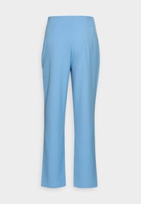 Jasnoniebieskie spodnie o prostym kroju, z dopasowanymi szwami z przodu i gładką fakturą. Brak widocznych kieszeni lub ozdób.