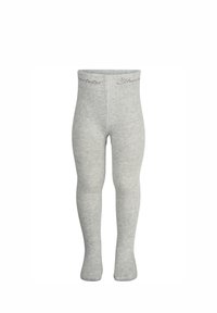 Grau gestrickte Strumpfhose mit glatter Textur, ausgestattet mit einem elastischen Bund und dezentem Branding oben. Ohne Muster oder zusätzliche Details.