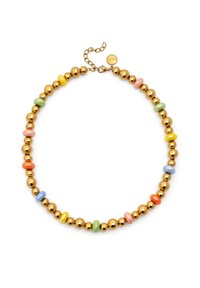 Collar de tono dorado que presenta cuentas redondas y en forma de disco en colores pastel (verde, amarillo, rosa, azul, naranja) con cierre de cadena ajustable.