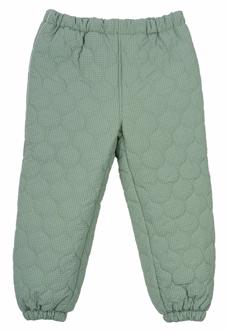 Pantaloni trapuntati verdi realizzati in tessuto testurizzato, con una vita leggermente arricciata e polsini elasticizzati alle caviglie.
