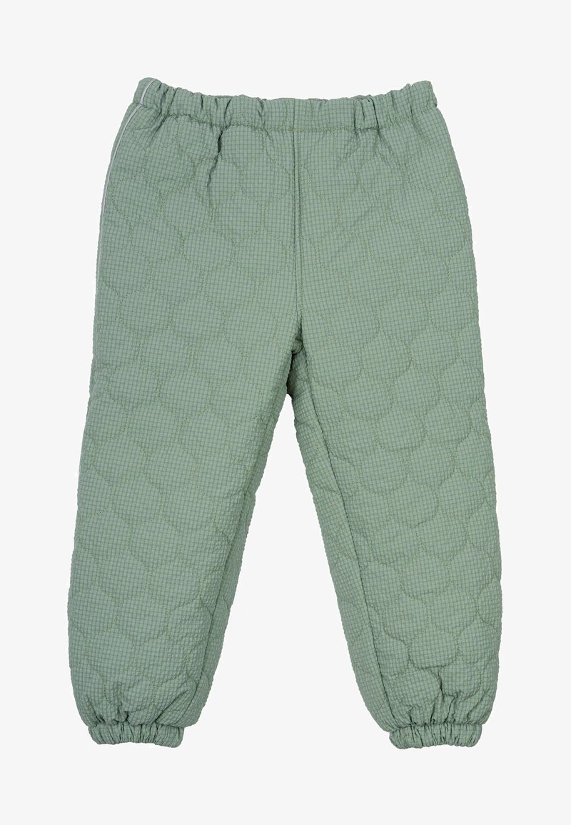 Garnitu brūnas krāsas bikses, izgatavotas no teksturēta auduma, ar brīvi sasietu jostasvietu un elastīgām aprocēm pie potītēm.