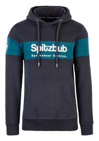 Donker marineblauwe hoodie met een teal horizontale streep met de tekst "Spitzbub Sportswear Edition". Inclusief verstelbare koordjes en een voorzak.
