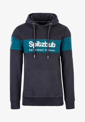Dunkelblaues Hoodie mit tealfarbenem horizontalen Streifen und dem Text "Spitzbub Sportswear Edition". Mit verstellbaren Kordeln und Fronttasche.
