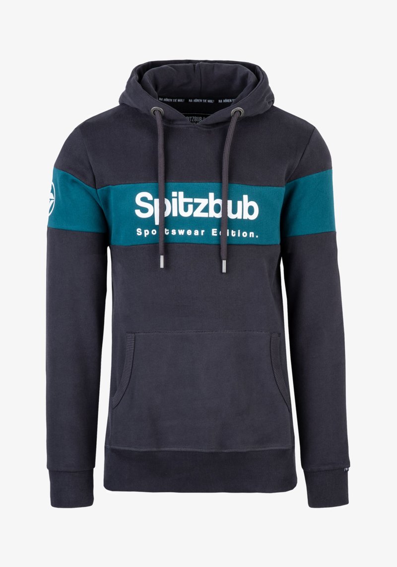 Donker marineblauwe hoodie met een teal horizontale streep met de tekst "Spitzbub Sportswear Edition". Inclusief verstelbare koordjes en een voorzak.