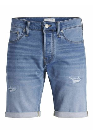 Világoskék farmer sort, elhasználódott részletekkel, felgöngyölt szegéllyel és klasszikus öt zsebes kialakítással. Öltött díszítés a varrások mentén.