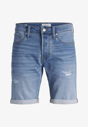 Jeans-Shorts in Hellblau, mit distressed Akzenten, aufgerolltem Saum und klassischem Fünf-Taschen-Design. Genähte Details entlang der Nähte.