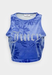 Modrý sametový crop top s tmavými květinovými vzory a nápisem "Juicy" vypsaným třpytivými rhinestony přes hruď, bez rukávů s kulatým výstřihem.