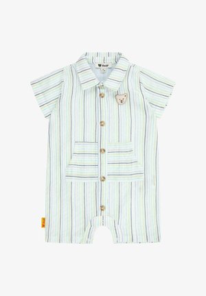 Combinaison courte à rayures et à manches courtes dans des couleurs claires, dotée de boutons, d'un col, de deux poches avant et d'une applique en forme d'ours en peluche sur la poitrine.
