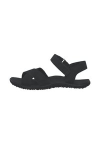 Black sandal featuring crisscross straps, adjustable ankle strap, textured footbed, and rubber outsole with gripping tread.