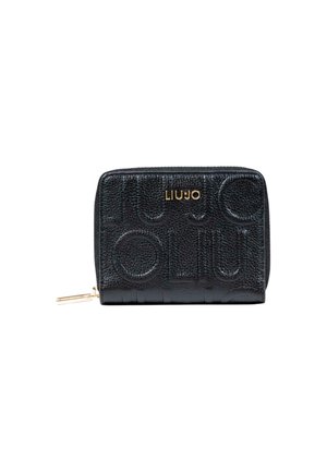 Portefeuille noir en cuir texturé avec des lettres en relief, logo doré de la marque "LIU JO" et tirette dorée sur le côté gauche.