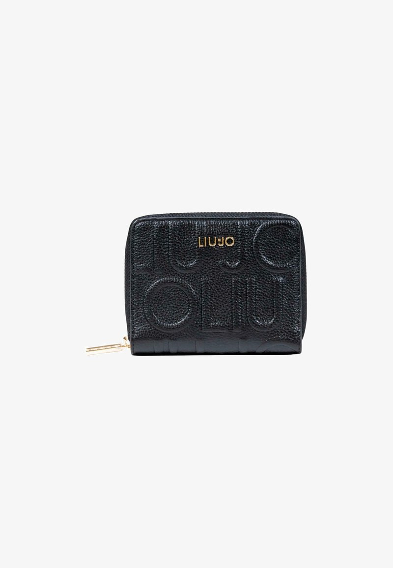 Portefeuille noir en cuir texturé avec des lettres en relief, logo doré de la marque "LIU JO" et tirette dorée sur le côté gauche.