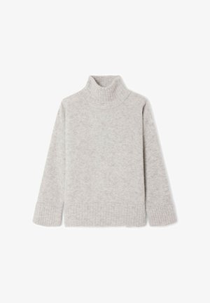 Šviesiai pilkas vėlimo megztinis, pagamintas iš švelnios, struktūrizuotos medžiagos. Turi ilgas rankoves ir banguotus rankogalius bei apatinę dalį, kad gerai priglustų.