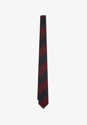 Stropdas met bordeauxrode en donkergrijze diagonale strepen, voorzien van een glad textiel afwerking, met een puntige tip en een smal ontwerp.