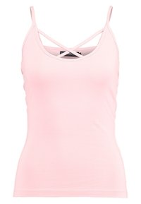 Ljusrosa linne med tunna remmar och ett korsningsmönster på baksidan. Tillverkat av mjukt, elastiskt tyg. Slim fit.