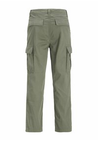 Olive green cargo pants with a straight fit, featuring side cargo pockets and back pockets, made from durable cotton fabric with a smooth texture.