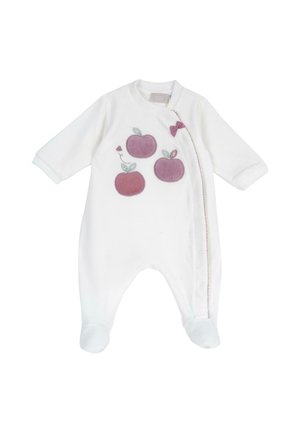 Body blanc pour bébé avec manches longues, jambes couvertes, et trois applications pommes roses avec feuilles et un petit nœud sur la poitrine.