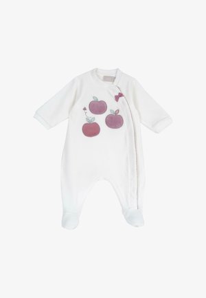 Body blanc pour bébé avec manches longues, jambes couvertes, et trois applications pommes roses avec feuilles et un petit nœud sur la poitrine.