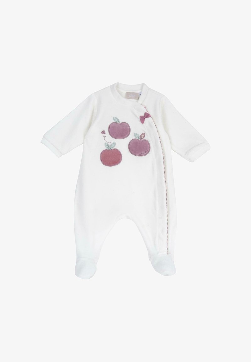 Body blanc pour bébé avec manches longues, jambes couvertes, et trois applications pommes roses avec feuilles et un petit nœud sur la poitrine.